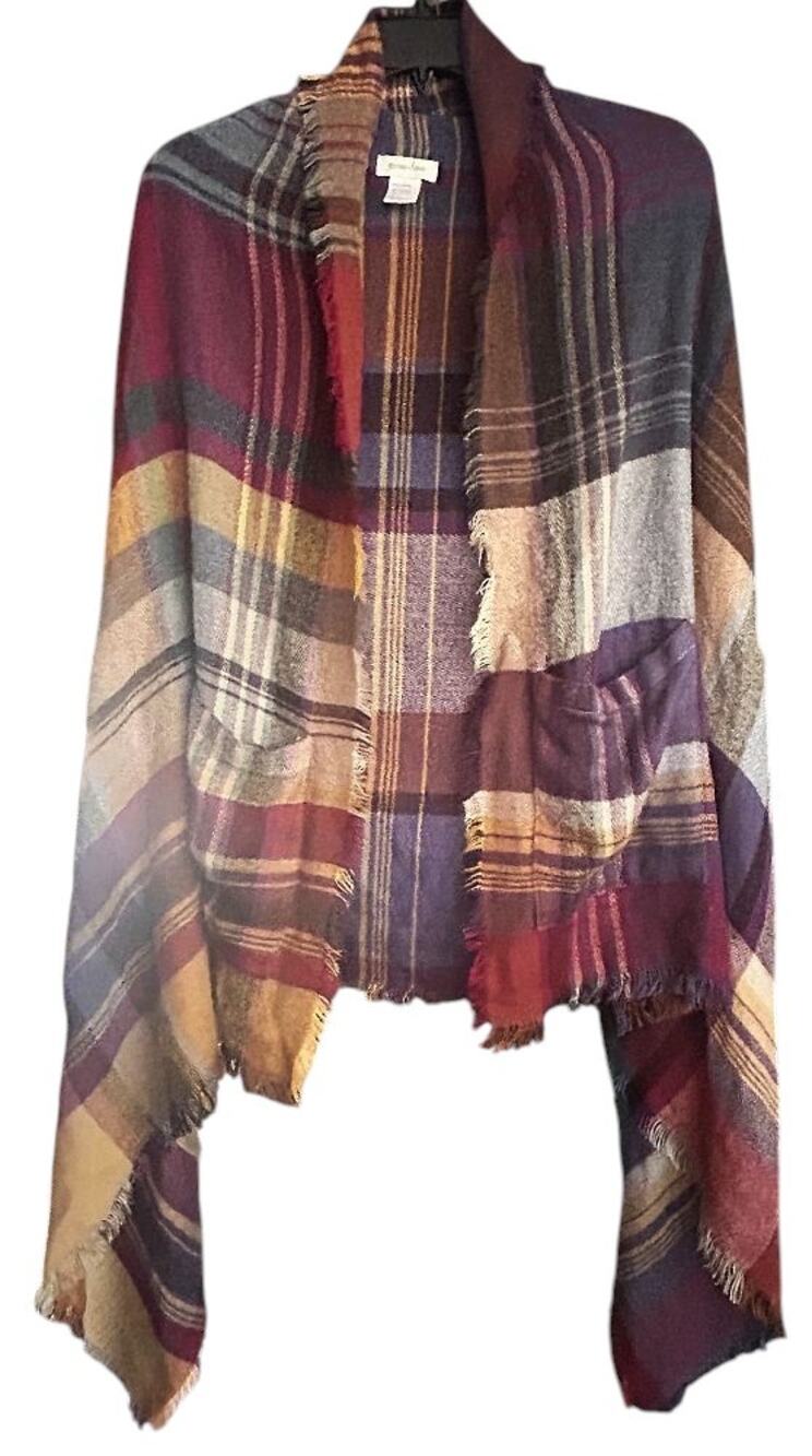 Grace & Lace Pocket Plaid Fringe Hem Poncho/Scarf/Shawl One Size Fits All